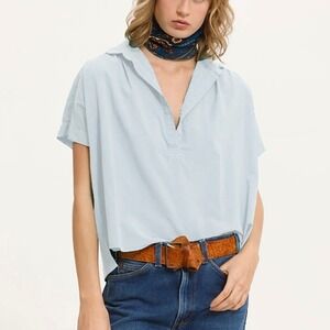 Cali Cali Dreaming Motley Lightweight Poplin Cotton Boxy V Neck Top Sky Blue L